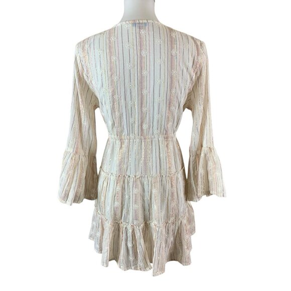 Blue Island Boho Embroidered Stripe Tassel Tie Front Coverup Kimono Small - Picture 3 of 5